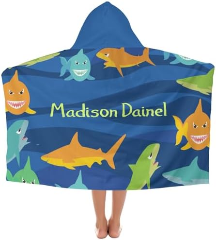 Deven Personalized Cartoon Shark Hooded Bath Towel for Kids 3-12 Years