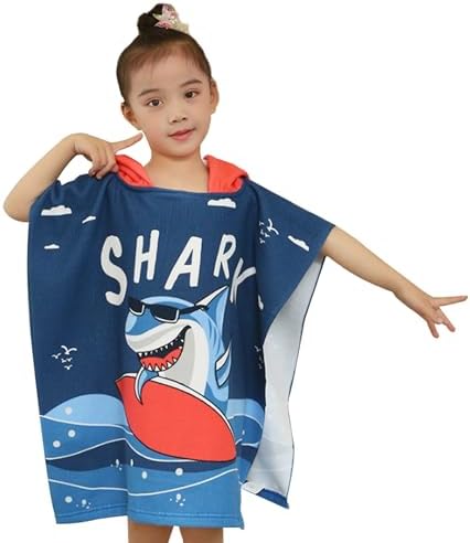 Kids Hooded Poncho Towel with Shark Design