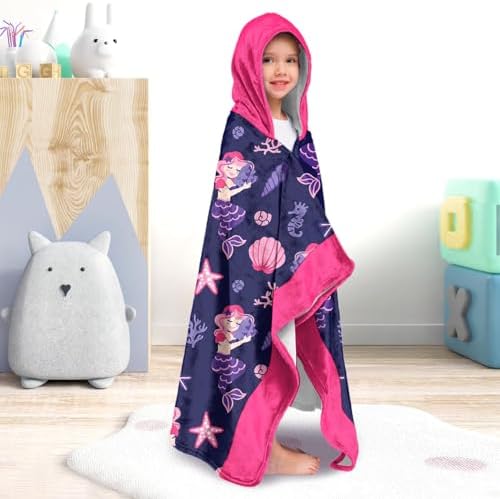Mermaid Girls Beach Towels with Hoodie for Kids