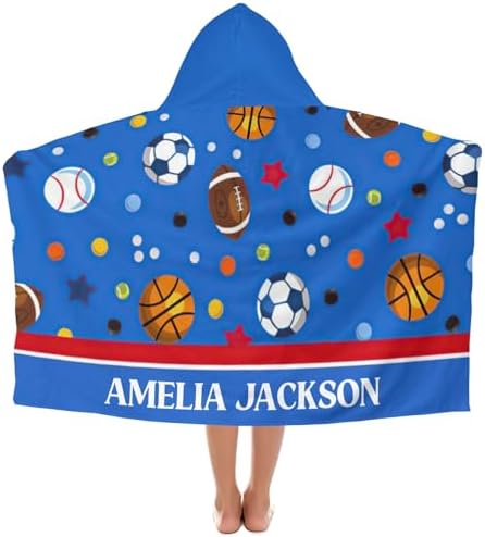 Deven Balls Soccer Basketball Blue Hooded Bath Towel for Kids