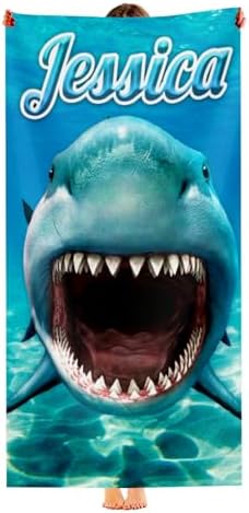 Custom Name Beach Towel with Big Shark Design