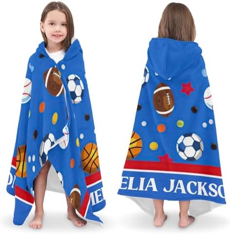 Deven Balls Soccer Basketball Blue Hooded Bath Towel for Kids