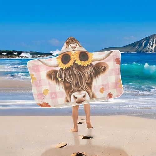 Highland Cow with Sunflowers Hooded Beach Towel for Kids
