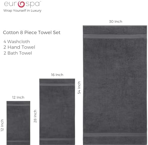 EuroSpa 100 Cotton 8 Piece Towel Set - Light Grey