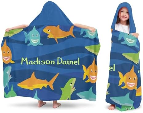 Deven Personalized Cartoon Shark Hooded Bath Towel for Kids 3-12 Years