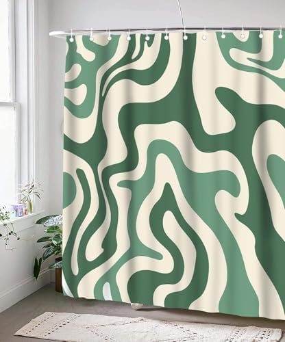 Sage Green Retro 70s Wavy Swirl Bathroom Curtain for Home