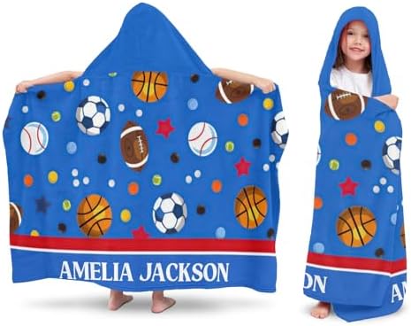 Deven Balls Soccer Basketball Blue Hooded Bath Towel for Kids