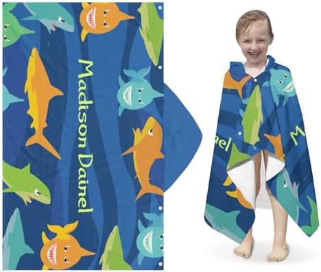 Deven Personalized Cartoon Shark Hooded Bath Towel for Kids 3-12 Years