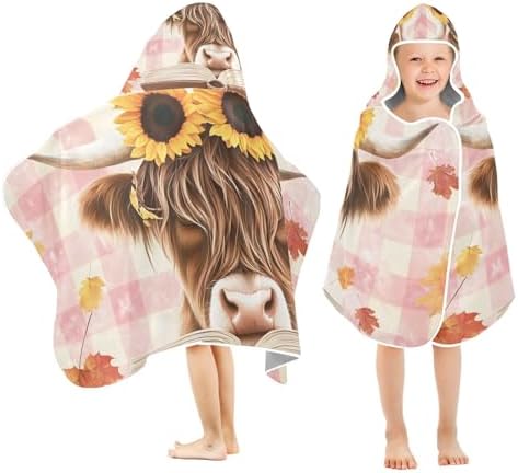 Highland Cow with Sunflowers Hooded Beach Towel for Kids