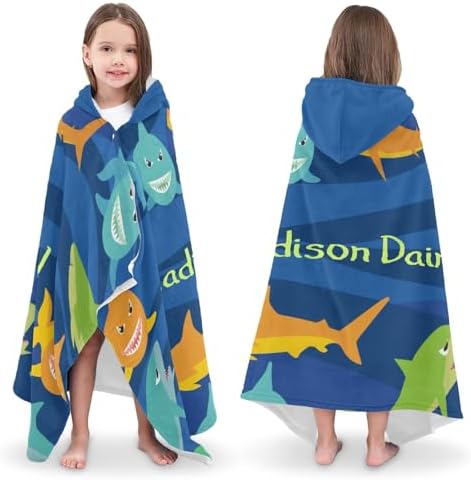 Deven Personalized Cartoon Shark Hooded Bath Towel for Kids 3-12 Years