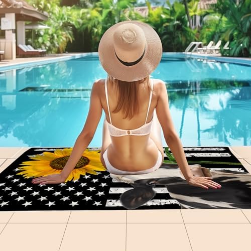 American Flag Cow Sunflower Beach Towel