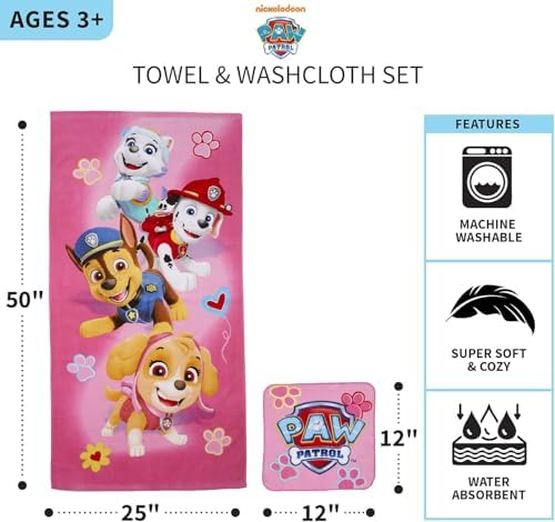Franco Paw Patrol Girls 2 Piece Bath Towel Set