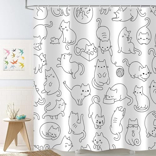 Cute Cat Shower Curtain for Kids 72x72 in Black White