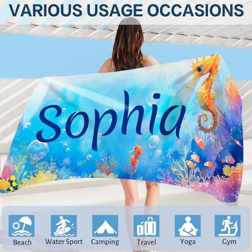 Personalized Beach Towels for Kids Adults with Seahorse