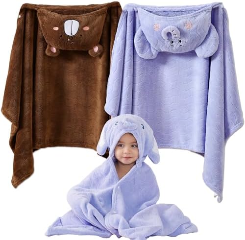 Yaiseiko Blue Elephant Brown Bear 2-Piece Hooded Bath Towels for Kids