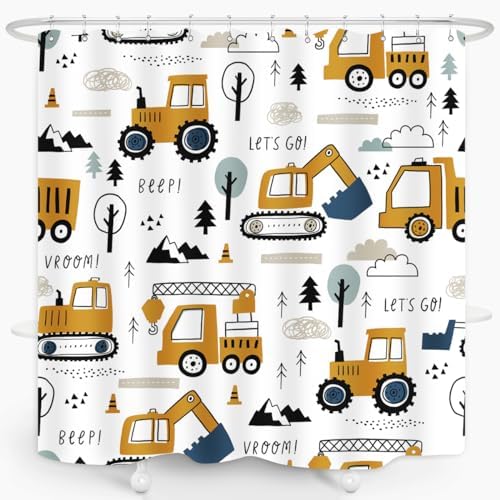 ZXMBF Kids bathtub shower curtain Cartoon Excavator 72x72 inches