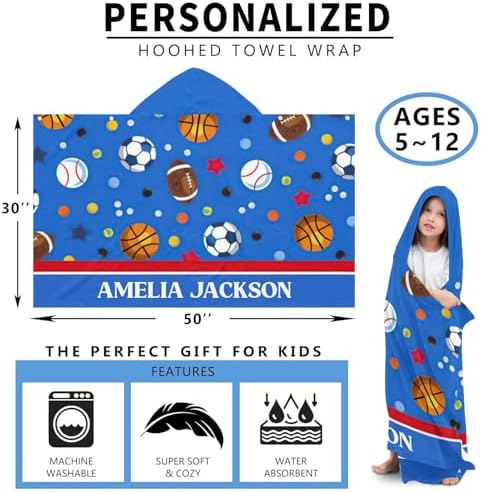Deven Balls Soccer Basketball Blue Hooded Bath Towel for Kids