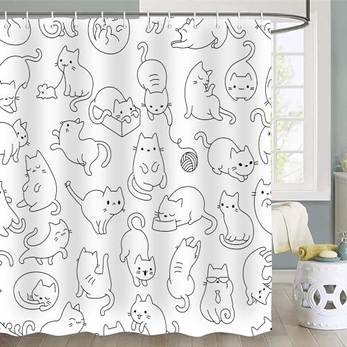 Cute Cat Shower Curtain for Kids 72x72 in Black White