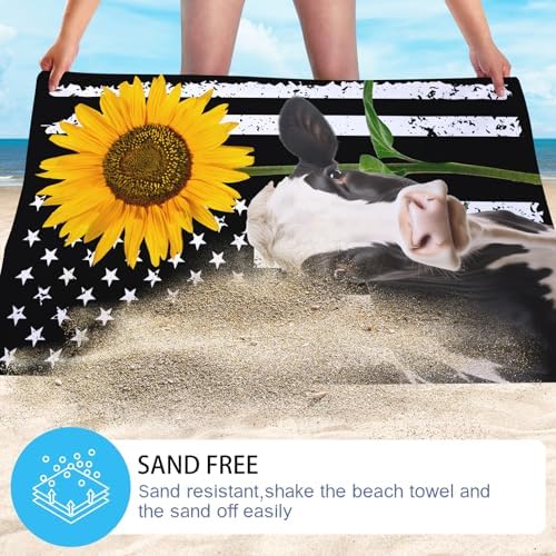 American Flag Cow Sunflower Beach Towel