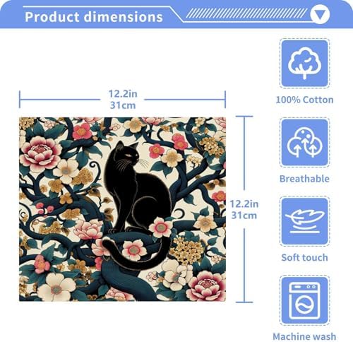 YANENDIE Black Cat Flower Tattoo Washcloths 2x12x12 Absorbent Soft Washcloth