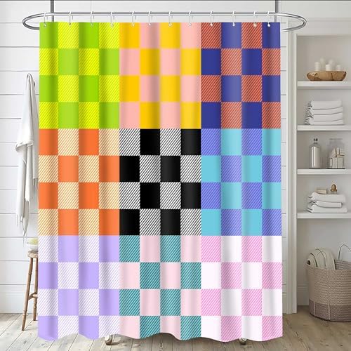 Colorful Checkered Shower Curtain Set with 12 Hooks