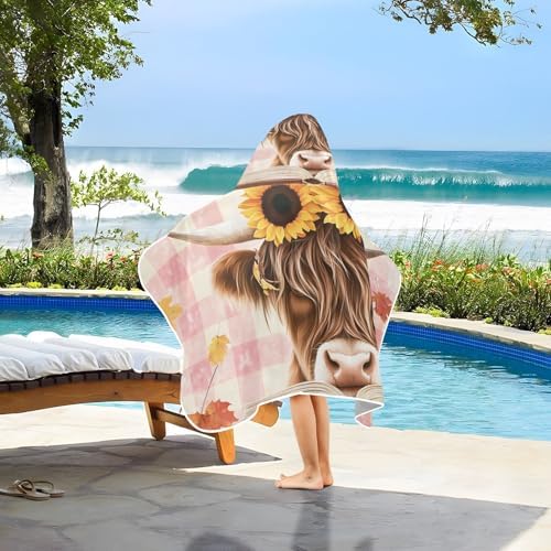Highland Cow with Sunflowers Hooded Beach Towel for Kids