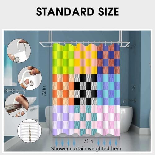 Colorful Checkered Shower Curtain Set with 12 Hooks