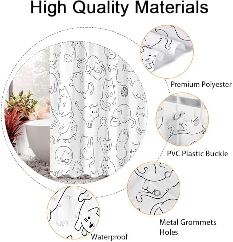 Cute Cat Shower Curtain for Kids 72x72 in Black White