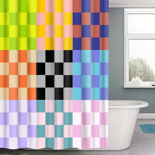 Colorful Checkered Shower Curtain Set with 12 Hooks