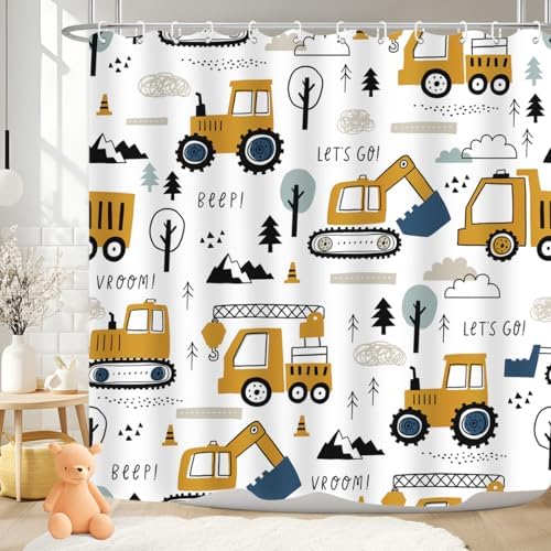 ZXMBF Kids bathtub shower curtain Cartoon Excavator 72x72 inches