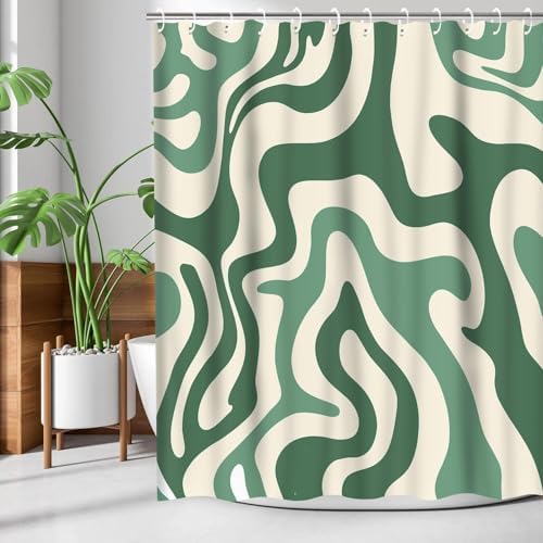 Sage Green Retro 70s Wavy Swirl Bathroom Curtain for Home