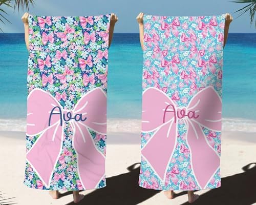 Personalized Bow Floral Beach Towel