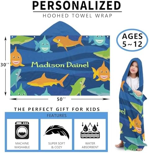 Deven Personalized Cartoon Shark Hooded Bath Towel for Kids 3-12 Years