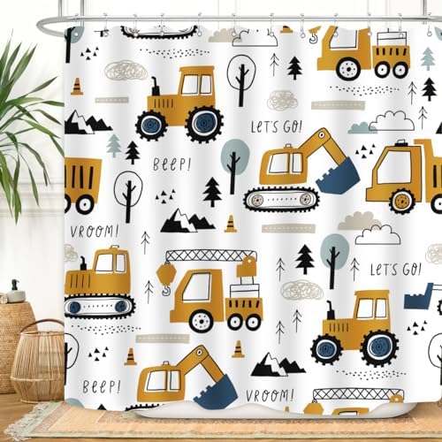 ZXMBF Kids bathtub shower curtain Cartoon Excavator 72x72 inches