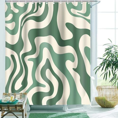 Sage Green Retro 70s Wavy Swirl Bathroom Curtain for Home