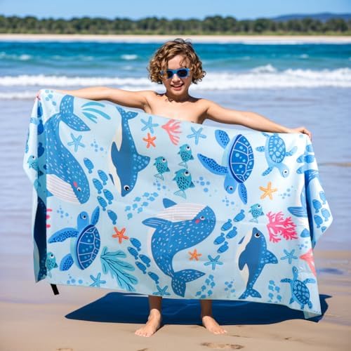 MelonBoat Large Microfiber Beach Towel with Marine Life Design