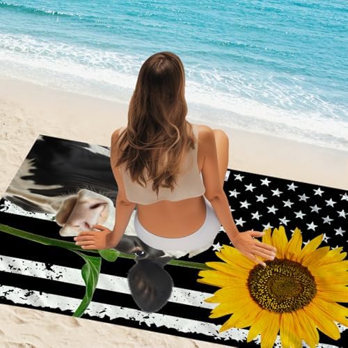 American Flag Cow Sunflower Beach Towel