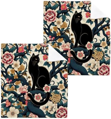 YANENDIE Black Cat Flower Tattoo Washcloths 2x12x12 Absorbent Soft Washcloth