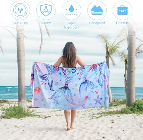 MelonBoat Mermaid Microfiber Beach Towel Quick-Dry Sand-Free for Girls