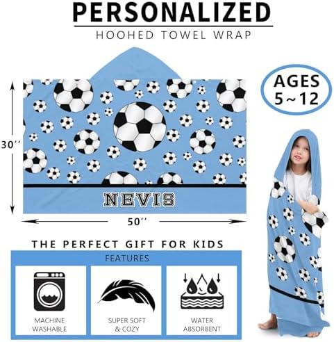 Deven Soccer Balls Blue Personalized Kids Hooded Bath Towel