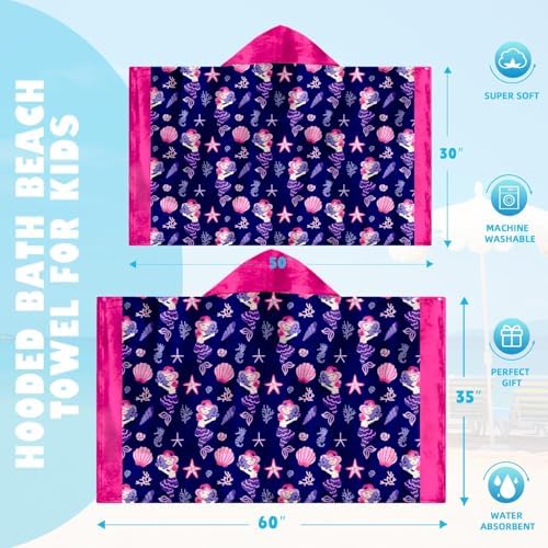 Mermaid Girls Beach Towels with Hoodie for Kids