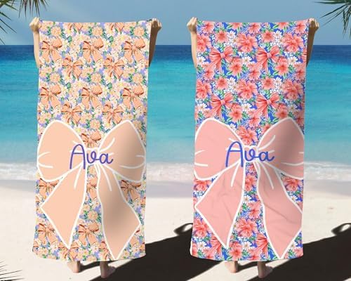 Personalized Bow Floral Beach Towel