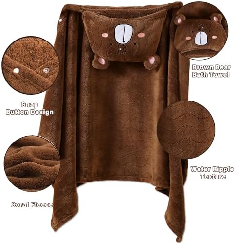 Yaiseiko Blue Elephant Brown Bear 2-Piece Hooded Bath Towels for Kids