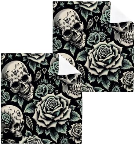 2-Pack Punk Skulls Roses Washcloths for Bathroom 12x12in Cotton Face Towels