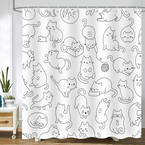 Cute Cat Shower Curtain for Kids 72x72 in Black White
