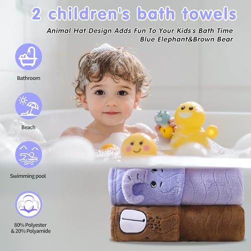 Yaiseiko Blue Elephant Brown Bear 2-Piece Hooded Bath Towels for Kids