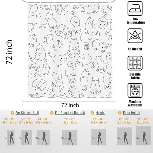 Cute Cat Shower Curtain for Kids 72x72 in Black White