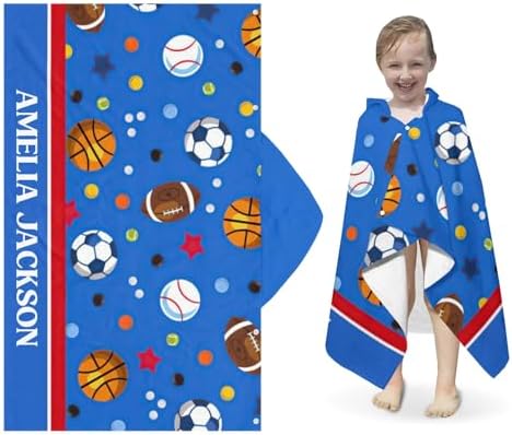 Deven Balls Soccer Basketball Blue Hooded Bath Towel for Kids