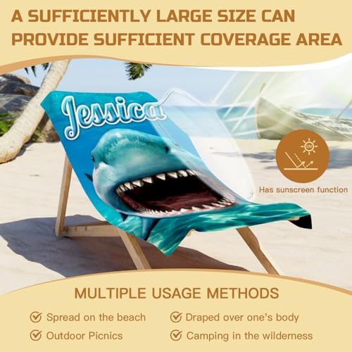 Custom Name Beach Towel with Big Shark Design
