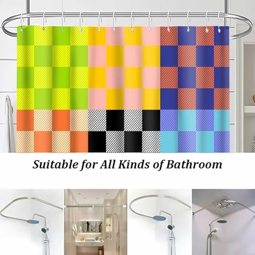 Colorful Checkered Shower Curtain Set with 12 Hooks